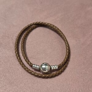 Brown Braided Leather Double Bracelet with Silver Accents